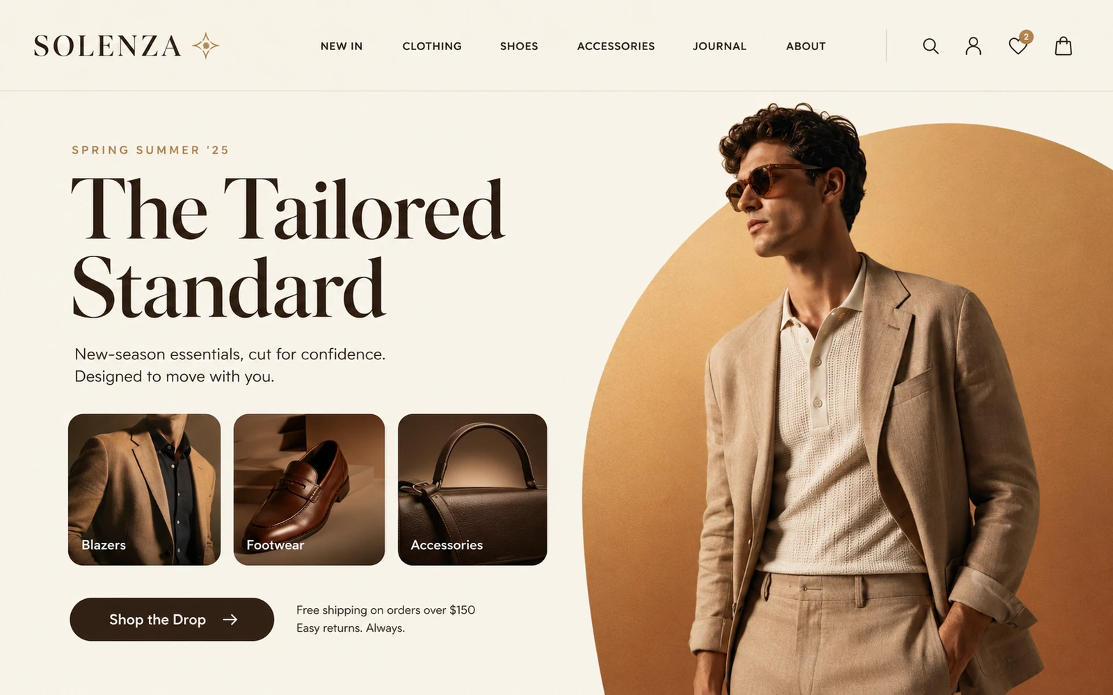 Warm premium fashion landing page mockup for the Bold and Magnetic direction