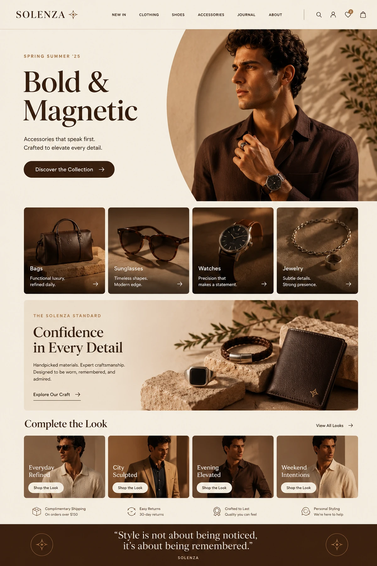 Vertical luxury accessories landing page mockup for the Bold and Magnetic direction